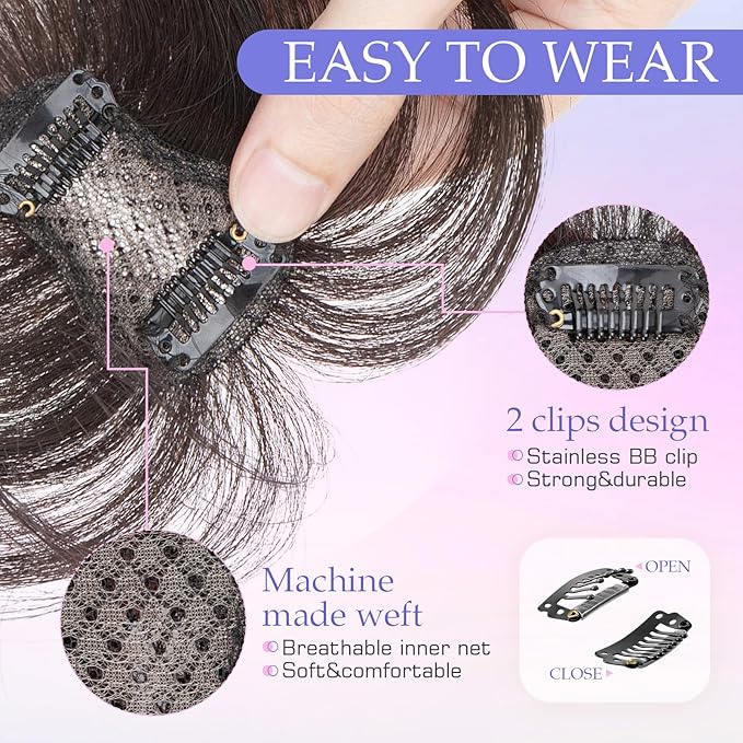 Hairro Clip On Bangs Human Hair Bangs Hair Clip In Bangs 3D 360°Cover Topper With Bangs Wispy Air Bangs Hair Pieces Fake Bangs For Women 8 Inches 10g #1B Natural Black