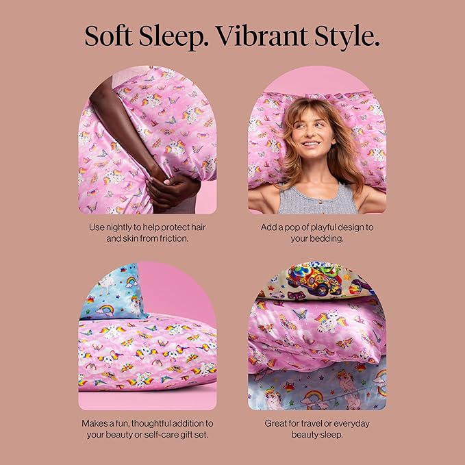 Kitsch x Lisa Frank Satin Pillowcase with Zipper for Hair & Skin, Softer Than Silk Pillow Cases Queen, Wrinkle-Free, Smooth and Cooling Satin Pillow Covers Standard/Queen Size 19x26 - Angel Kitty