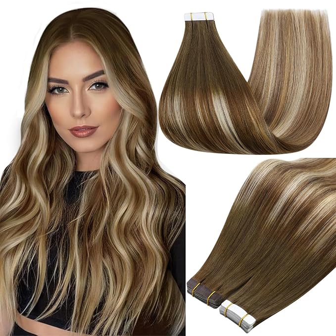 Full Shine Hair Extensions Tape in Color 4 Brown Fading to 27 And 60 Blonde Highlight 8 Brown Tape in Hair Extensions 20Inch Invisible Seamless Extensions Straight Remy Human Hair 50Gram 20Pcs
