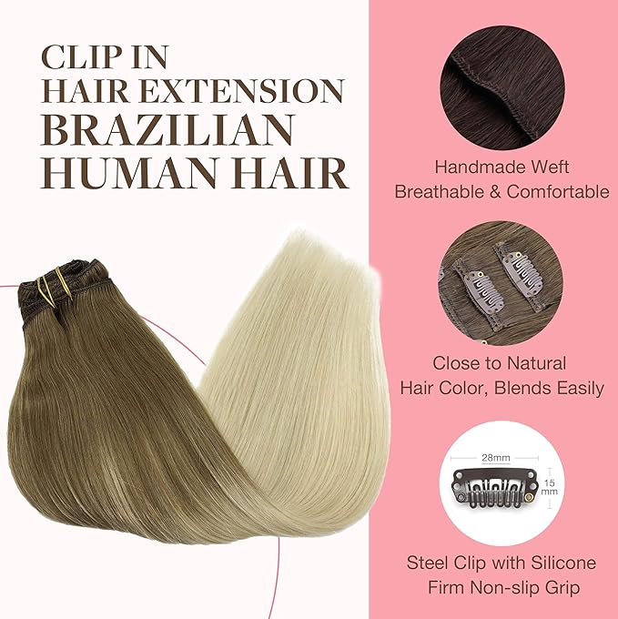 GOO GOO Clip in Hair Extensions Real Human Hair, Remy Human Hair Extensions Clip ins for Women, Natural Human Hair, 18inch 120g 7Pcs, 9/60 Balayage Ash Brown to Platinum Blonde