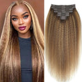 Kinky Straight Clip in Hair Extensions Real Human Highlight Clip ins For Women Unprocessed Clip on Hair Extensions(18inch,#4/27/4)