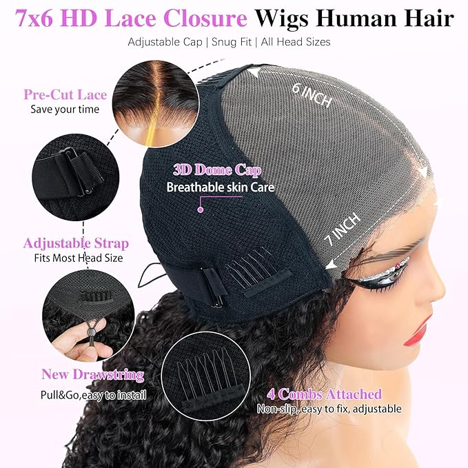 7x6 Burmese Curly Glueless Wigs Human Hair Pre Plucked Pre Cut 250% Density Drawstring Wig for Black Women 7x6 HD Lace Front Wigs Human Hair Glueless Wear and Go Nautural Color 34 Inch