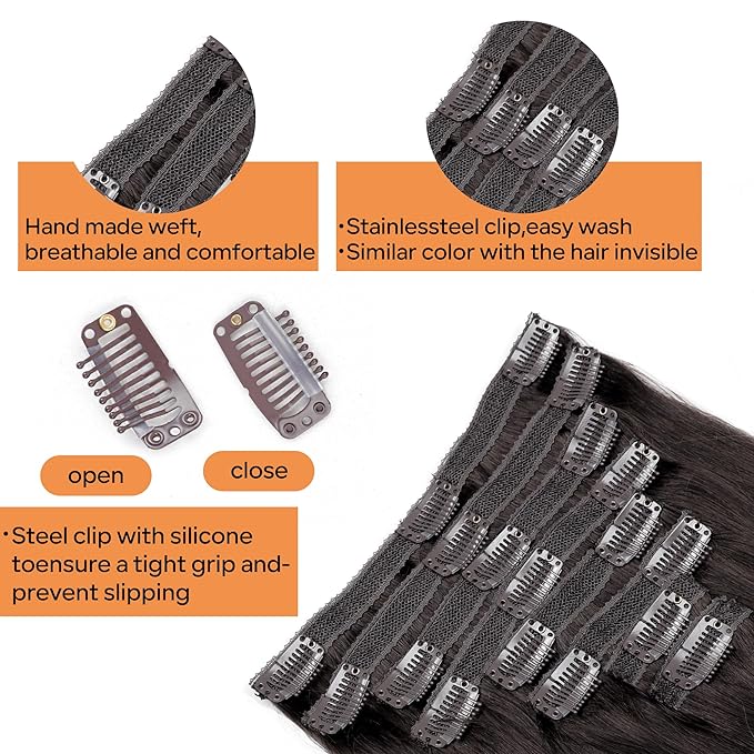 Straight Clip In Hair Extensions Real Human Hair 8Pcs Clip In Dark Brown Human Hair Extensions with 18Clips Lace Weft 120g 18inch #2 Dark Brown