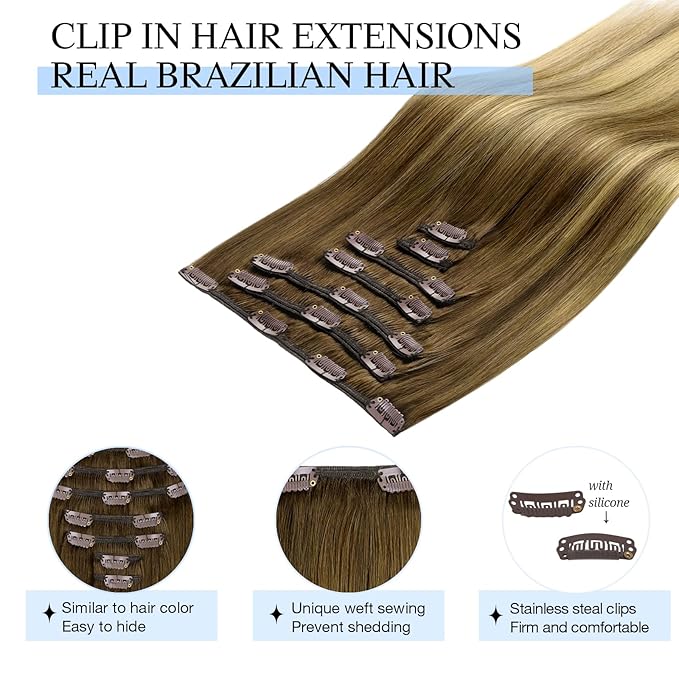 DOORES Clip in Hair Extensions, Human Hair, Medium Brown Highlighted Dirty Blonde, 18 Inch 7pcs 120g, Remy Hair Extensions Straight Natural Real Hair