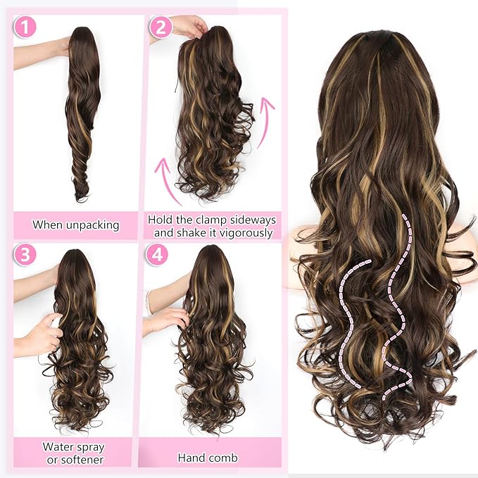 ALXNAN Ponytail Extension,24 Inch Claw Clip in Long Curly Wavy Dark Brown with Golden Blonde Ponytail Hair Extension Jaw Clip on Pony Tails Hairpiece for Women