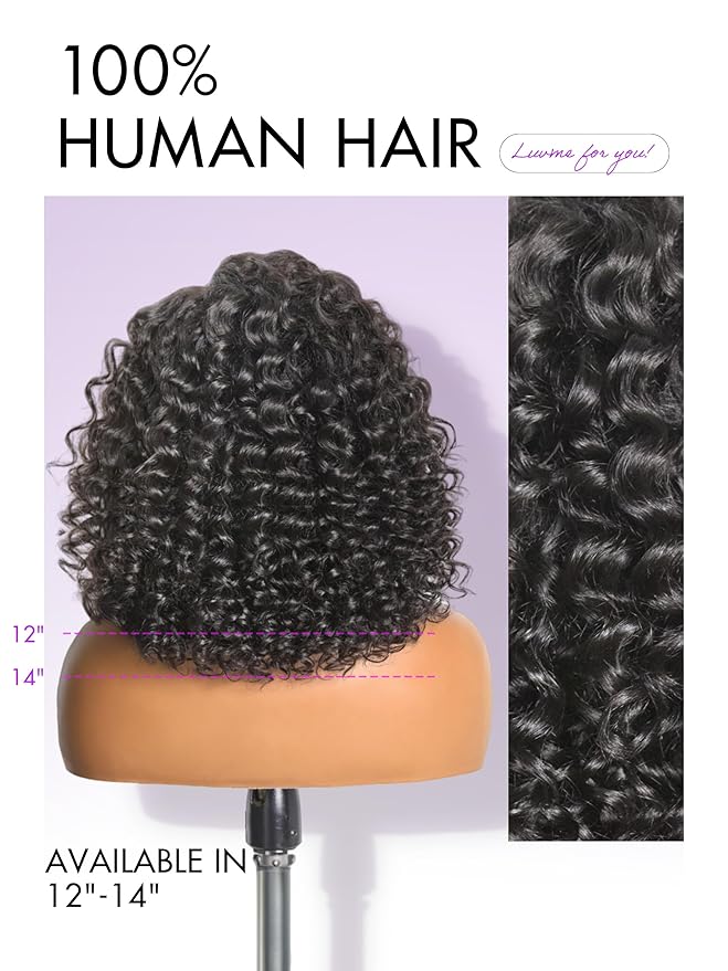 LUVME HAIR 100% Human Hair Wigs Curly Deep Wave Glueless Lace Front 14 Inches, Pre Cut Plucked Hd Lace Short Wig Ready To Go Natural Color Straight Bleached Knots Side Part Black Wigs