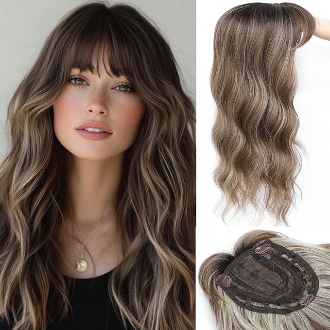 Hair Topper, 360° 3D Hair Toppers for Women with Thinning Crown, 20 Inch Long Wavy Curly Hair Pieces Clip in Bangs (Highlights Light Brown Mix Blonde with Brown Root, 20 inch, French Bangs)