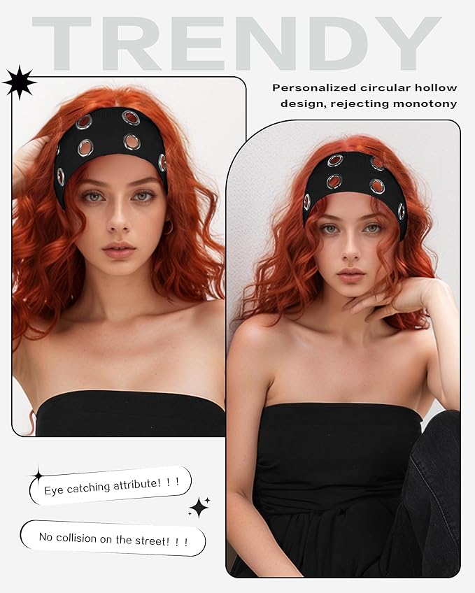 Grommet Headband for Women, Plus Black 23cm Hollow Out Elastic Hair Band, Eyelets Punk Grunge Stylish Hairband