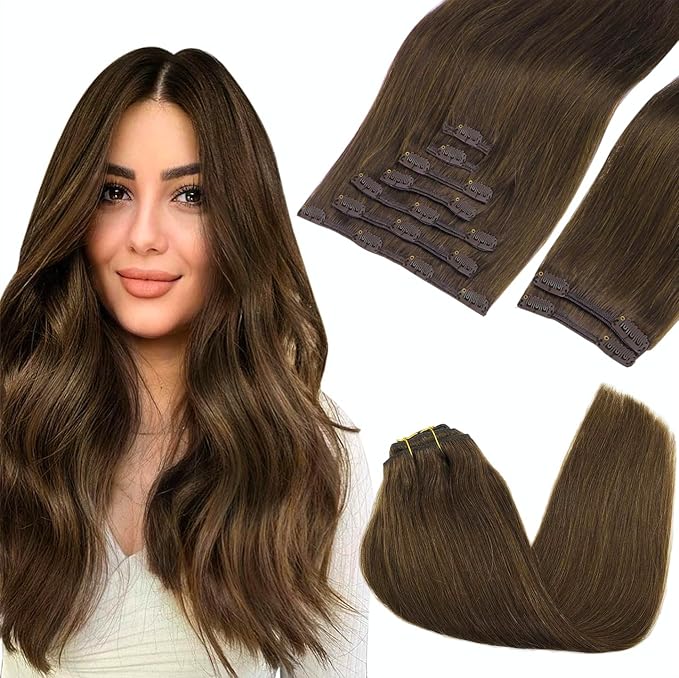 GOO GOO Clip in Hair Extensions Real Human Hair, Remy Human Hair Extensions Clip ins for Women, Natural Human Hair, 24inch 240g 9Pcs, #4A Chocolate Brown