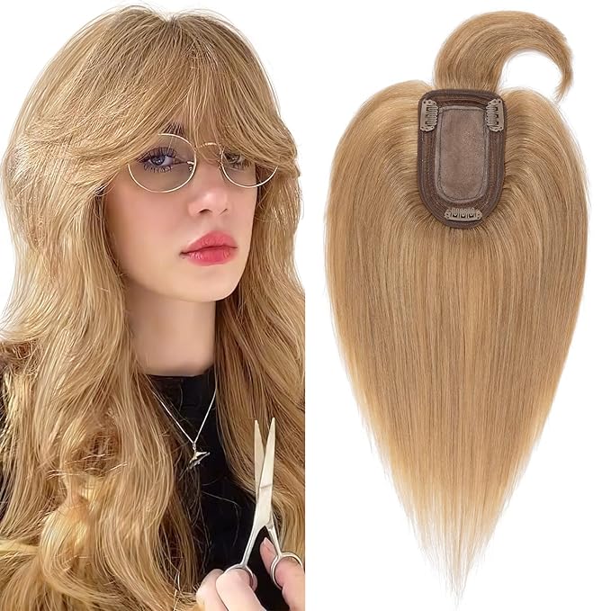 SEGO Hair Toppers for Women Real Human Hair with Thinning, with Front Bangs Clip in Toppers Straight 150% Density Silk Base -16 Inch #27 Dark Blonde
