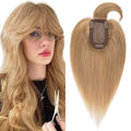 SEGO Hair Toppers for Women Real Human Hair with Thinning, with Front Bangs Clip in Toppers Straight 150% Density Silk Base -16 Inch #27 Dark Blonde