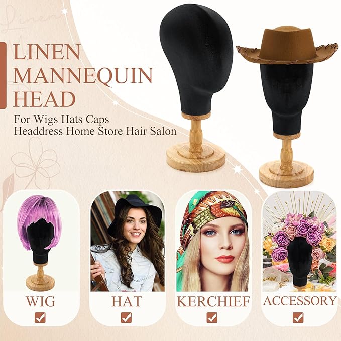 2 Pcs Wig Stand with Head 23 Inch Linen Mannequin Head with Wooden Stand Canvas Mannequin for Hats Wigs Caps Headdress Home Store Hair Salon(Black)