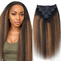 Kinky Straight Clip in Hair Extensions Real Human Hair For Women Highlight Hair Extensions Kinky Straight Clip ins (16inch,T1BP1B/30)