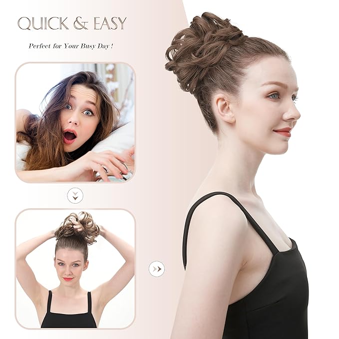 FESHFEN Messy Bun Hair Piece - Elastic Wavy Curly Hair Bun Scrunchies Extensions Synthetic Chignon Hairpieces for Women Girls, Black with White Tips 1.5 oz