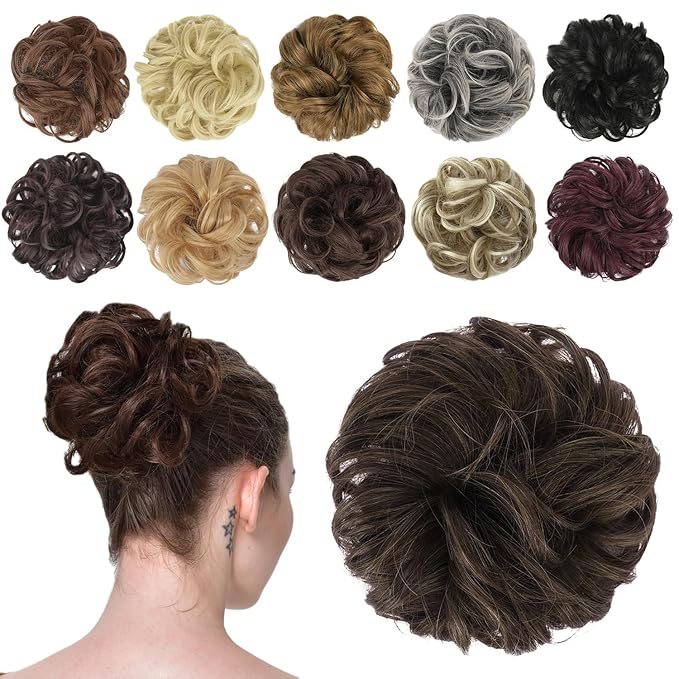FESHFEN Messy Bun Hair Piece - Elastic Wavy Curly Hair Bun Scrunchies Extensions Synthetic Chignon Hairpieces for Women Girls, Mixed Chocolate Brown 1.5 oz