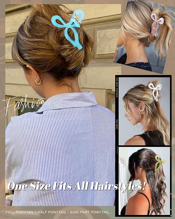 Mesovor 4 Pack Bow Hair Claw Clips for Women, Nonslip 4.3" Large Hair Grip Clawclips for Thin and Thick | Bowknot Hair Strong Hold Hair Jaw Clamps Gifts (Pink, Yellow, Blue, Off-white)