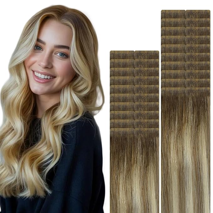 VINBAO Invisi Edge Tape in Human Hair Extensions Balayage Darker Brown Fading to Ash Brown Highlights Blonde 60g 20pcs Injection Tape in Hair Extensions 22inch #3/8/22