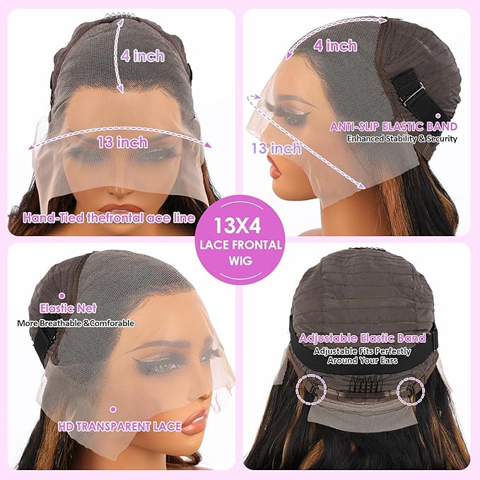 Body Wave Lace Front Wigs Human Hair 1B/30 Highlight Ombre Lace Front Wig Human Hair 13x4 Transparent Lace Frontal Black with Brown Highlight Wig for Women 200 Density Glueless Wigs 24 Inch