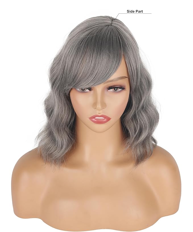 Short Gray Wavy Wigs For Black Women With Bangs - Synthetic Silver Grey Wavy Wigs For Daily Use