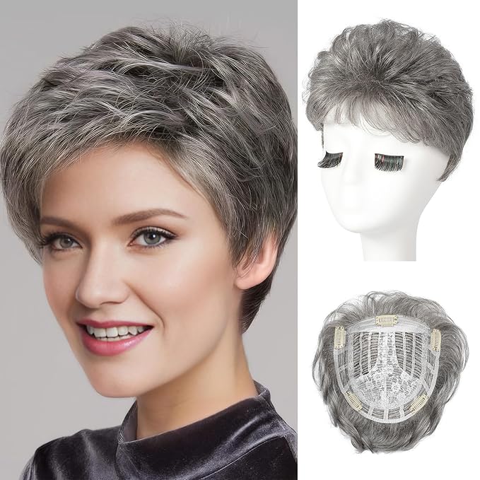 REECHO Hair Topper, Short Wiglet Hair Topper for Women with Thinning Large Coverage Synthetic Top Crown Hairpiece for Women - Grey