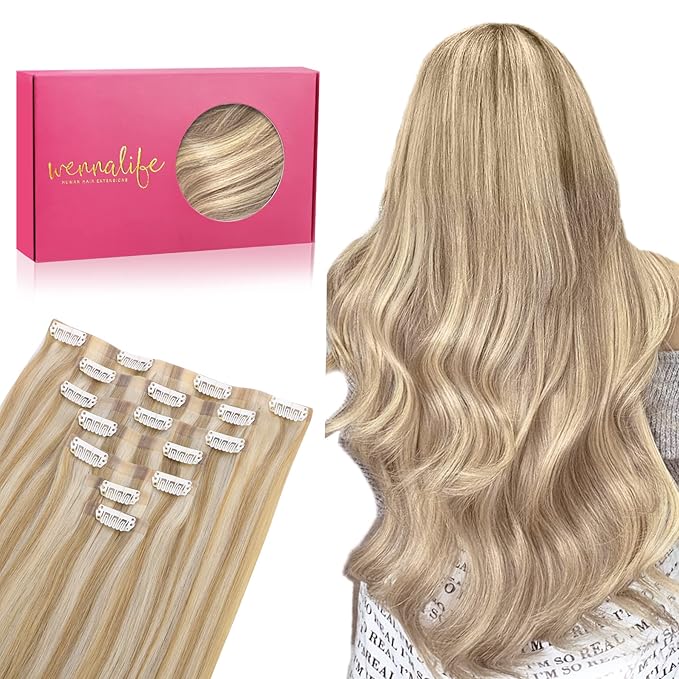 WENNALIFE Seamless Clip In Hair Extensions, 20 Inch 150g 7pcs Dirty Blonde Highlighted Bleach Blonde Hair Extensions Clip in Human Hair Invisible PU Skin Weft Natural Remy Human Hair Extensions
