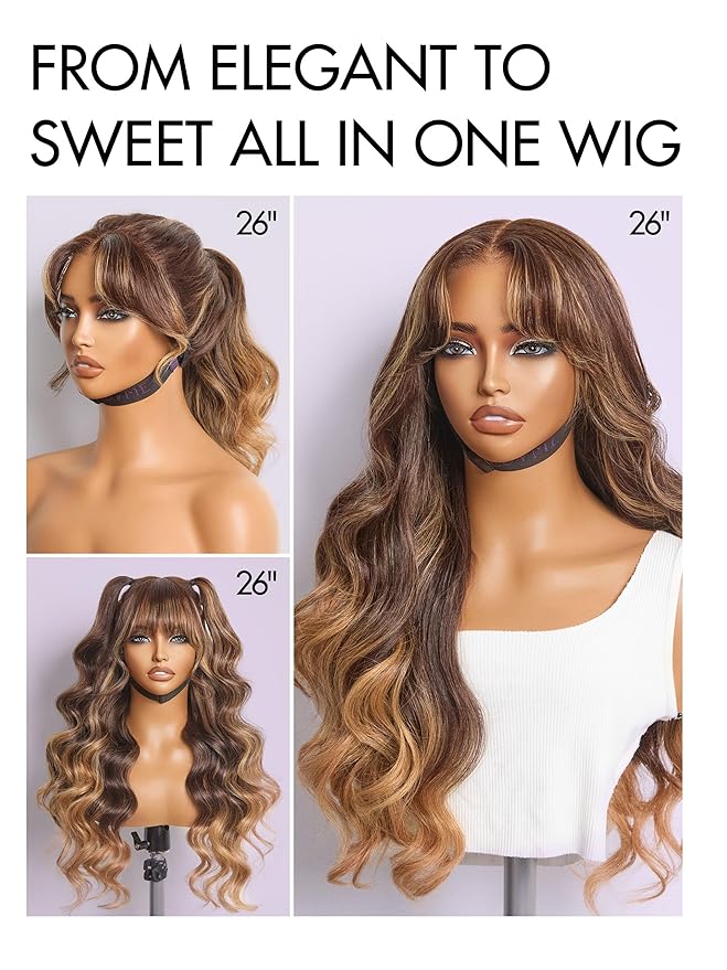 LUVME HAIR 7x6 HD Lace All-Day Comfort Wig with Bangs 200% Density Hair Lace Wigs Ombre Blonde Highlight Loose Body Wave Lace Front Wigs Human Hair Pre Cut Plucked Glueless 28 Inches