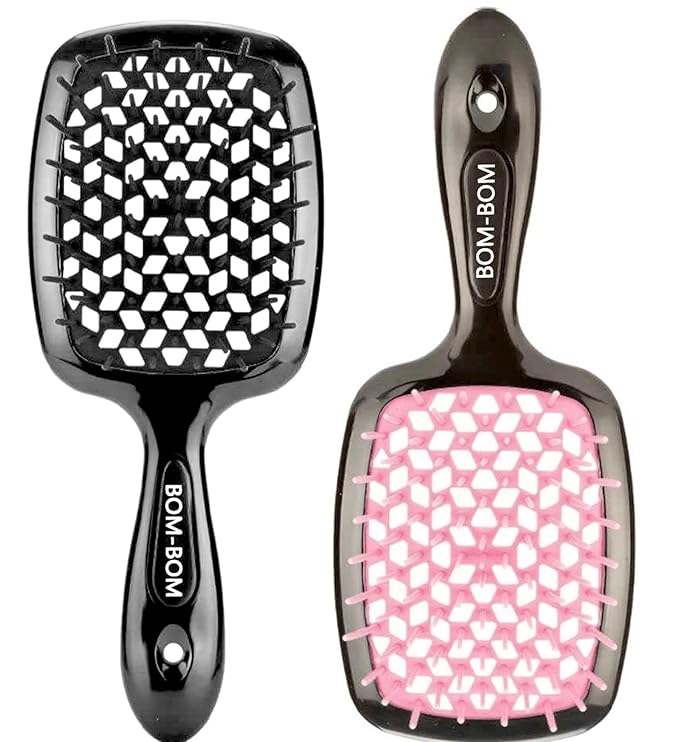 BOM BOM 2 Unit Kit, Wet And Dry Vented Detangling Hair Brush For All Hair Types, Light Weight Hairbrush, Scalp Massage Brush (Light pink black)