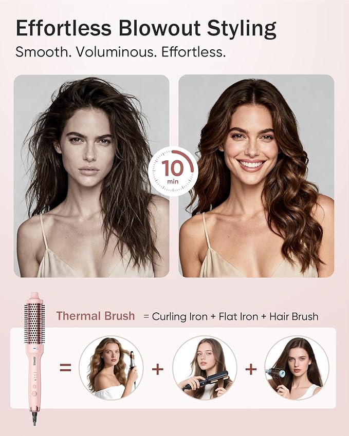 Thermal Brush for Blowout Look, 360° Airflow Heated Round Brush with 2× Negative Ions Release for Less Frizzy, 1.5 Inch Dual Voltage Heated Curling Brush for Travel, Dual PTC Technology, Pink