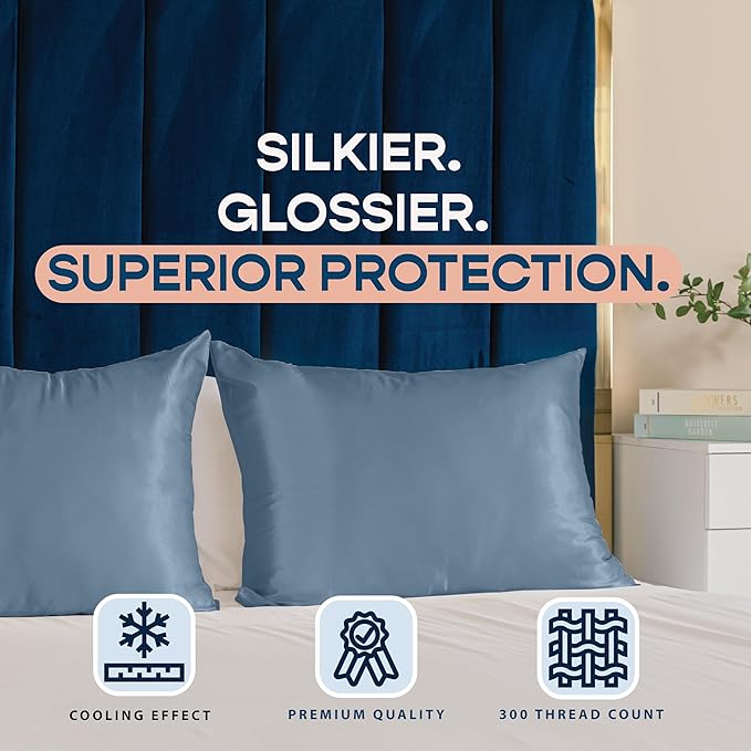 BLISSFORD Satin Pillowcase with Zipper, for Hair and Skin Care, Feels Soft and Cool Like a Silk Pillowcase, Satin Pillow Cases 2 Pack, Slik Pillow Cover, Slate Blue - King Size, Set of 2