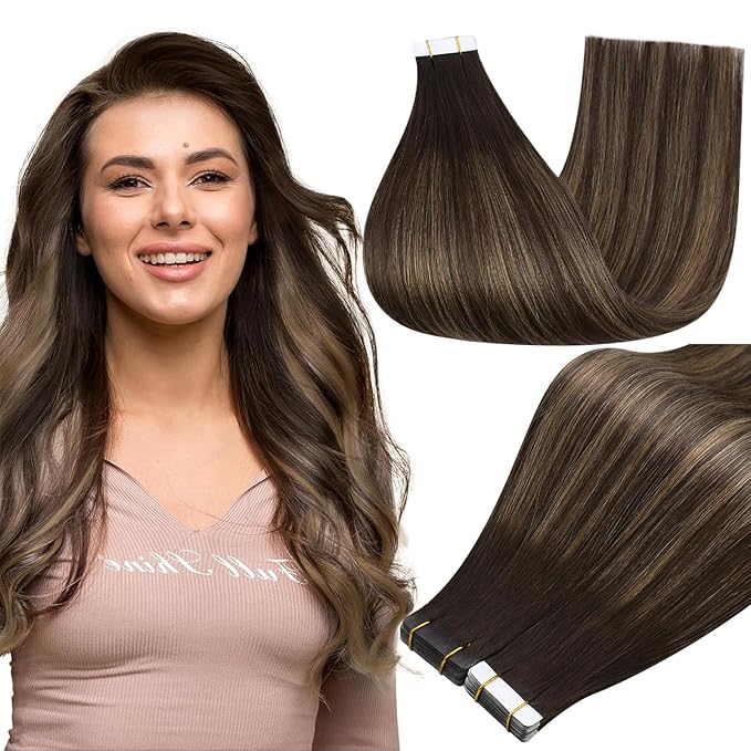 Full Shine Brown Tape ins Human Hair Extensions Color 2/8/2 Balayage Brown Tape in Extensions Human Hair 22Inch Remy Extension Invisible Straight Skin Weft 100G 40Pcs