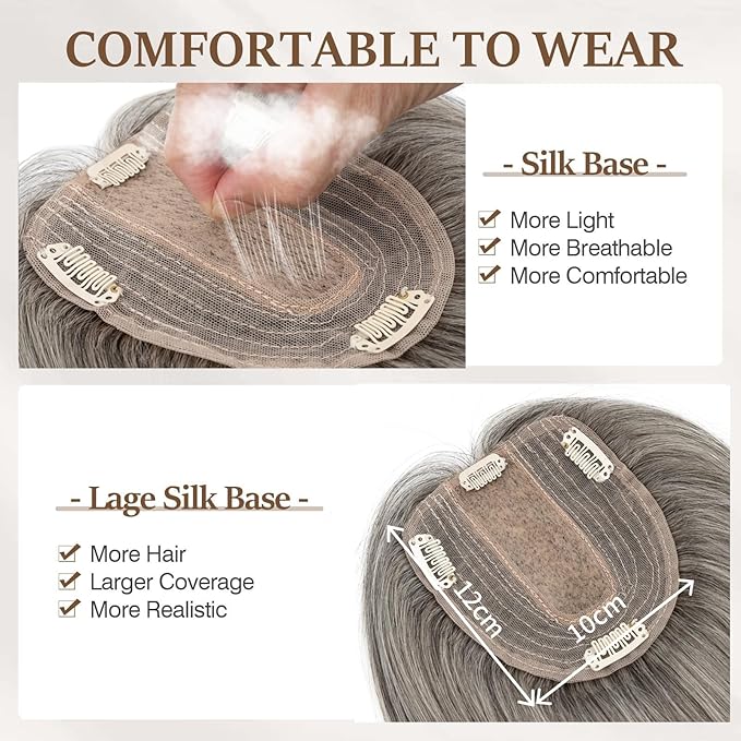 Rich Choices Hair Toppers for Women Real Human Hair 100% Human Remy Toppers NO Bangs for Women with Thinning on Top Clip in Hairpiece 4"x4.7"Lace Base 10 Inch Salt and Pepper G2 Sliver