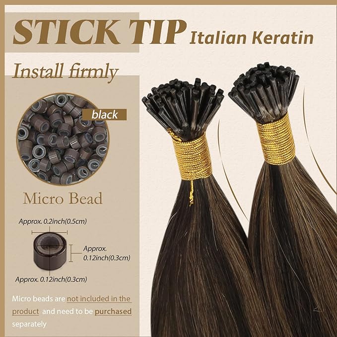 YoungSee I Tip Hair Extensions Human Hair Brown I Tip Hair Extensions Highlight Dark Brown with Brown Itip Human Hair Extension 20 Inch Highlight Pre Bonded Hair Extension Silky Straight 50s 50g