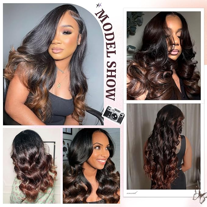 T1B/2/30 Chestnut Brown Ombre Human Hair Bundles Body Wave 100% Real Virgin Human Hair Bundles 22 24 26 Inch Dark Roots Bundle 3 Tone Ombre Medium Auburn Colored Sew in Quick Weaves