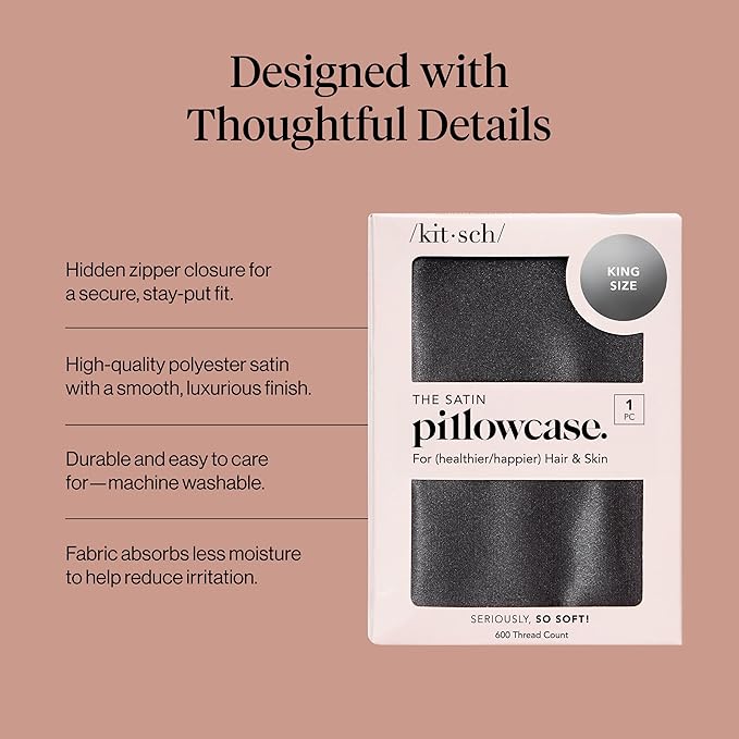 Kitsch Satin Pillowcase with Zipper for Hair & Skin, Softer Than Silk Pillow Cases King, Wrinkle-Free, Smooth and Cooling Satin Pillow Covers, King Size 19"x36" - Charcoal