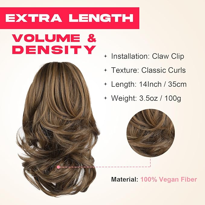 Ponytail Extension - 14" Claw Clip in Ponytail Hair Extensions Natural Soft Synthetic Layered Wavy Pony Tail Hair Pieces for Women (Light Chocolate Brown with Highlights)