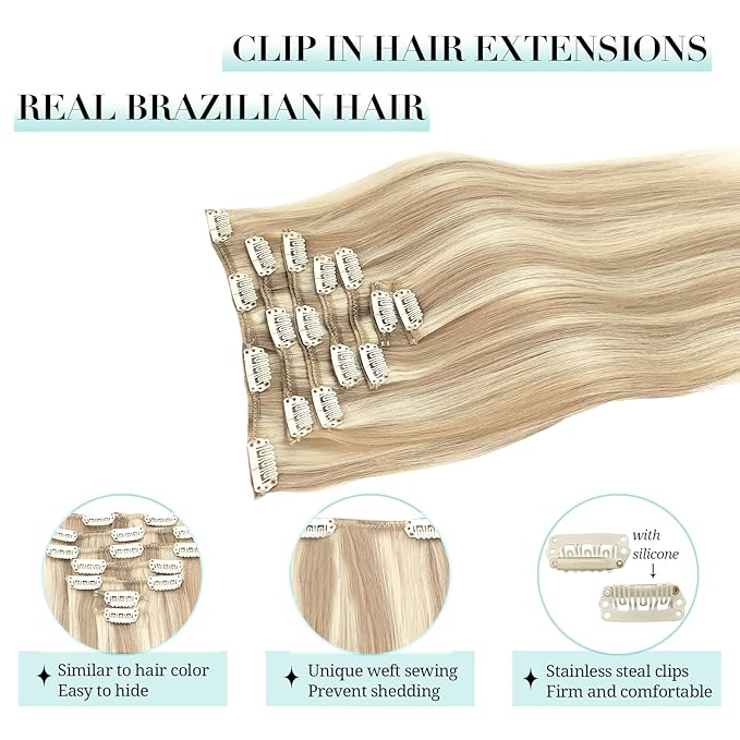 DOORES Clip in Human Hair Extensions Balayage Dark Blonde Highlighted Bleach Blonde 120g 7pcs 18 Inch Straight Thick Hair Extensions