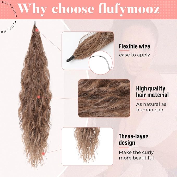 Flufymooz Ponytail Extension, Flexible Wrap Around Ponytail Extension Long Wavy Curly Ponytail Hair Extensions Natural pony tail Synthetic Hairpiece for Women 32 Inch (Chocolate Brown to Light Brown)