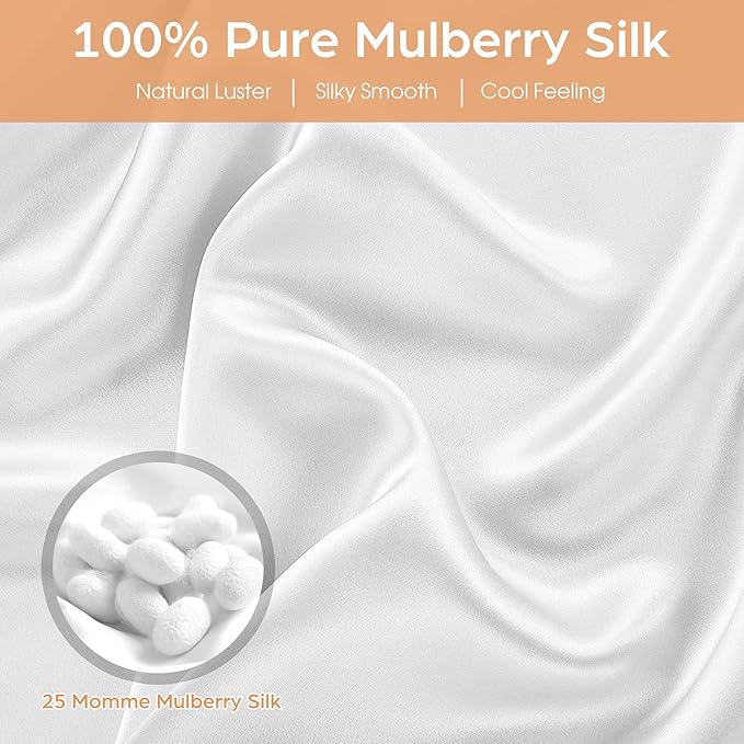 Silk Pillowcase for Hair and Skin, 2 Pack 100% Mulberry Silk Pillowcase 25 Momme, 600 Thread Count, Both Side Pure Silk Pillow Cover with Hidden Zipper (White, Standard 20''×26'')