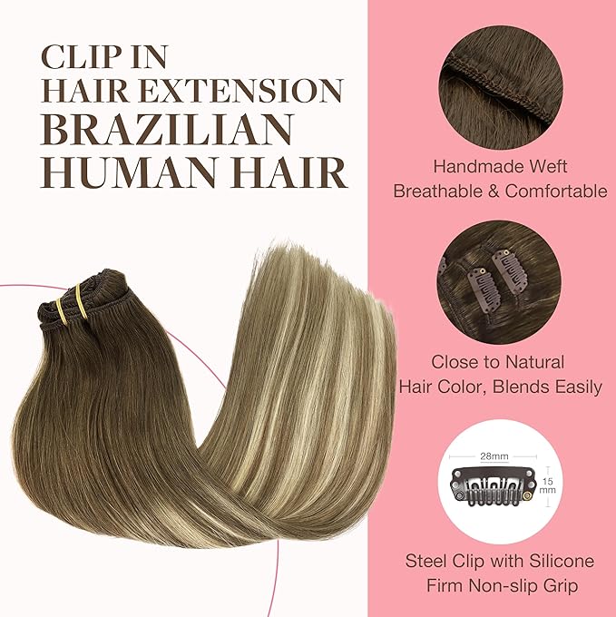GOO GOO Clip in Hair Extensions Real Human Hair, Remy Human Hair Extensions Clip ins for Women, Natural Human Hair, 20inch 120g 7Pcs, 3/8/613 Balayage Walnut Brown to Ash Brown and Bleach Blonde