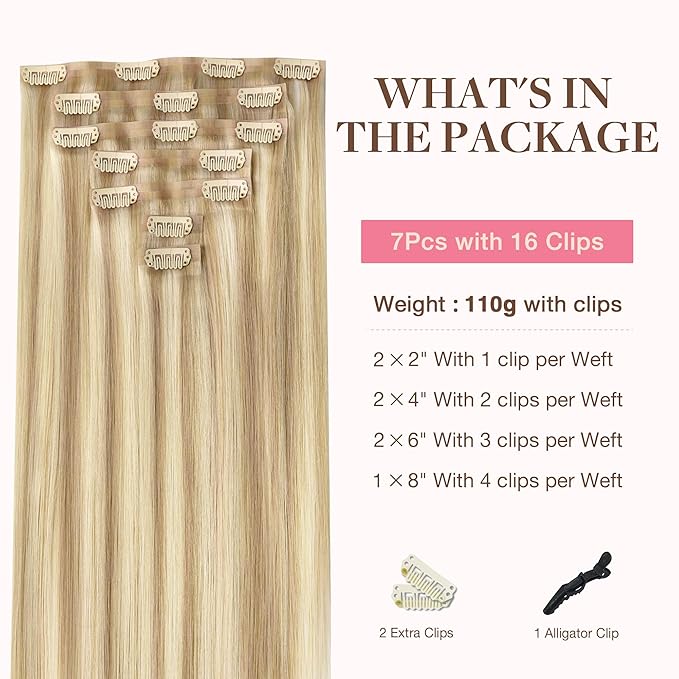 GOO GOO Clip in Hair Extensions Real Human Hair, Remy Human Hair Extensions Clip ins for Women, Natural Human Hair, 20inch 110g 7Pcs, 18A/613A Dark Blonde Highlighted Bleach Blonde