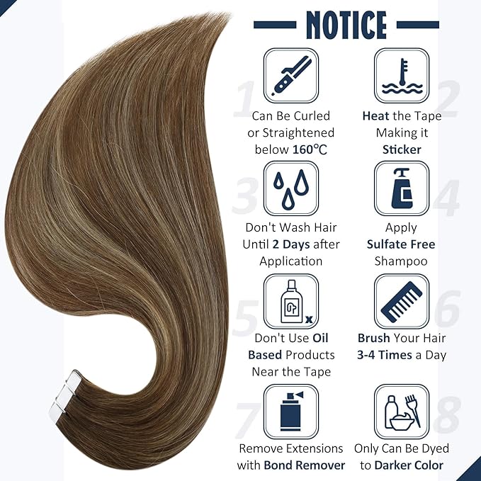 Full Shine Human Hair Tape in Extensions Color 4/24/4 Medium Brown to Honey Blonde 22 Inch Real Human Hair Tape in Extensions Silky Straight Travel Friendly Styling 20Pcs 50gram