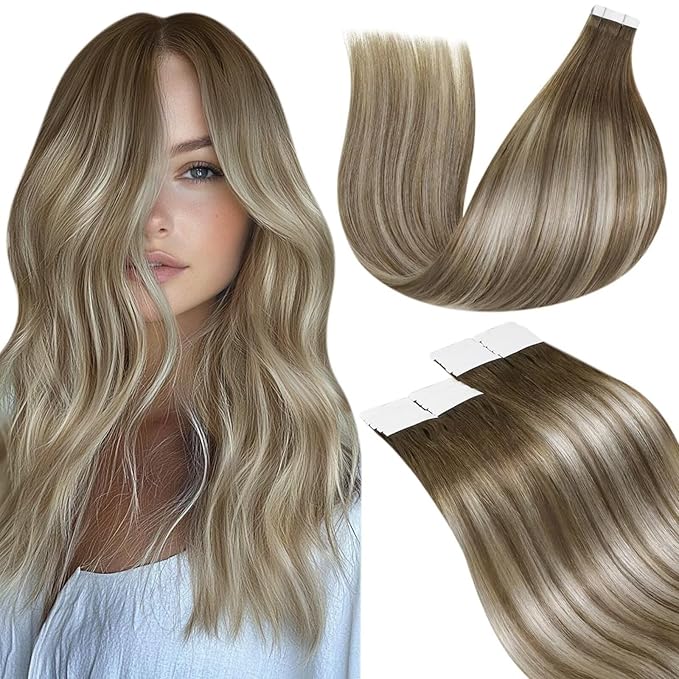 LaaVoo Tape in Hair Extensions Balayage Human Hair Tape in Extensions Brown with Blonde Real Hair Tape in Extensions Human Hair Tape Hair Extensions 20pcs/50grams 20 Inch