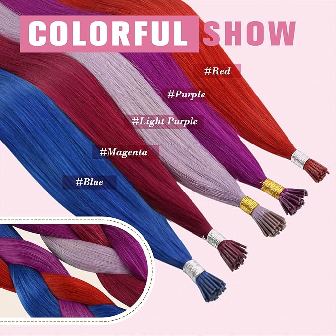 YoungSee I Tip Hair Extensions Blue I Tip Hair Extensions Human Hair Blue 20 Inch Itips Extension Real Human Hair Colored for Party Highlights 20 Inch I-Tip Remy Human-Hair