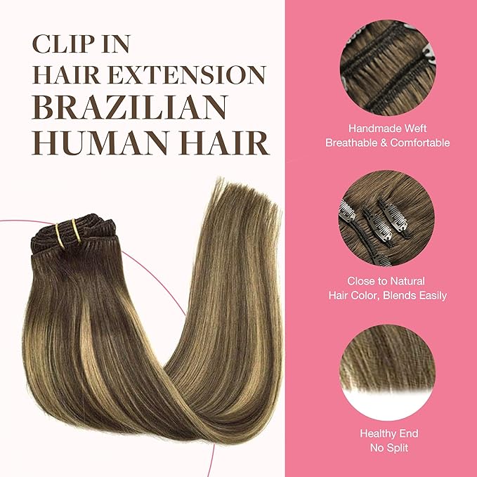 GOO GOO Clip in Hair Extensions Real Human Hair, Remy Human Hair Extensions Clip ins for Women, Natural Human Hair, 24inch 240g 9Pcs, #4/27/4 Balayage Chocolate Brown to Caramel Blonde