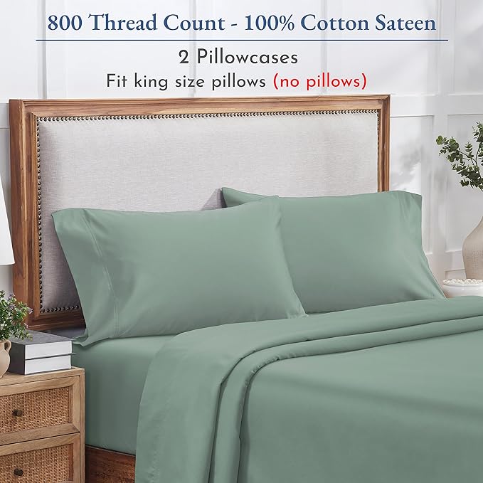 California Design Den King Size Pillow Cases Set of 2 - Luxuriously Soft and Thick 800 Thread Count, Smooth Sateen, Natural 100% Cotton Pillow Cases King, Durable - Sage Green