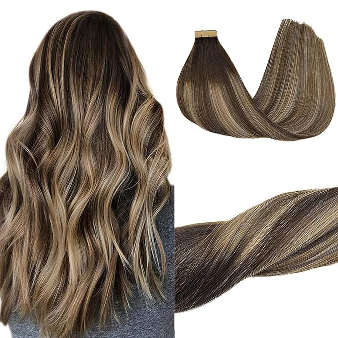 GOO GOO Tape in Hair Extensions Human Hair, 4/26/4 Balayage Chocolate Brown to Honey Blonde, 22inch 50g 20pcs, Skin Weft Seamless Invisible, Silky Straight with Thick Ends, Remy Human Hair