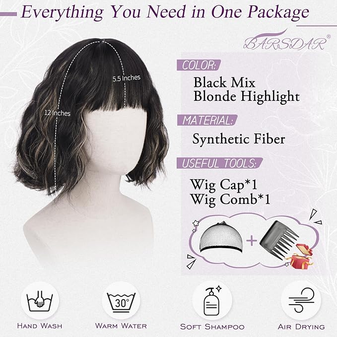 BARSDAR Black Blonde Short Wavy Wig with Bangs - Short Wavy Blonde Highlights Wigs for Women - Curly Textured French Bob Wig with Bangs Soft Synthetic Natural Looking Face-Framing Daily