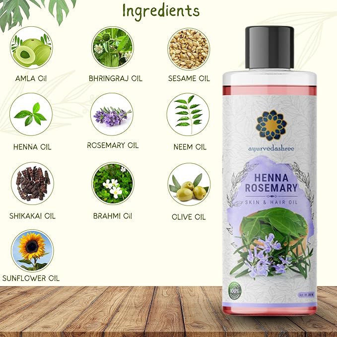 Henna Rosemary Hair Oil 200 ml, 6.76 fl oz with Neem, Shikakai, Bhringraj, Amla, Brahmi, Sesame, Olive & Sunflower Oils