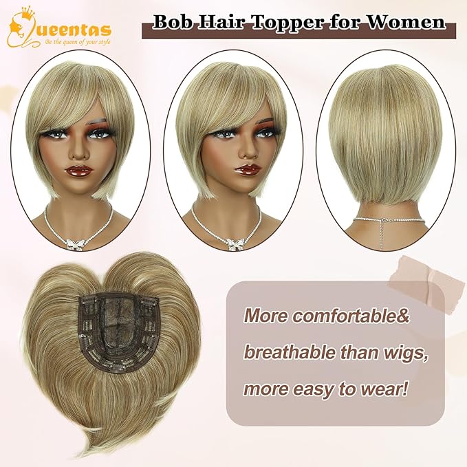 QUEENTAS Blonde Hair Topper for Women with Thinning Hair Pieces 6"*6"Large Coverage 360°3D Cover Silver Synthetic Short Bob with 5 Clips in Wiglets(Blonde Mixed Brown)