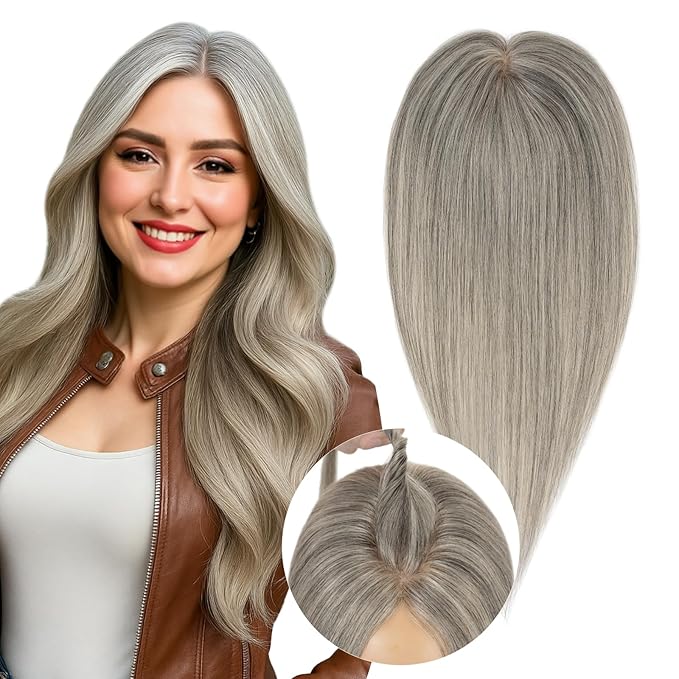 Real Human Hair Toppers for Women 3.54"*4.72" Silky Base 150% Density No Bangs Adjustable Parting Clip-In Topper Hairpieces for Women with Thinning Hair 10 Inches White Mixed Natural Black